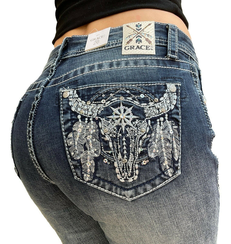 Grace In LA Aztec Feathered Skull Easy Fit Jeans