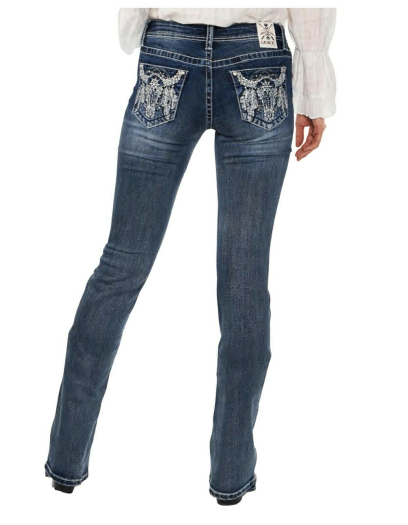 Grace In LA Aztec Feathered Skull Easy Fit Jeans