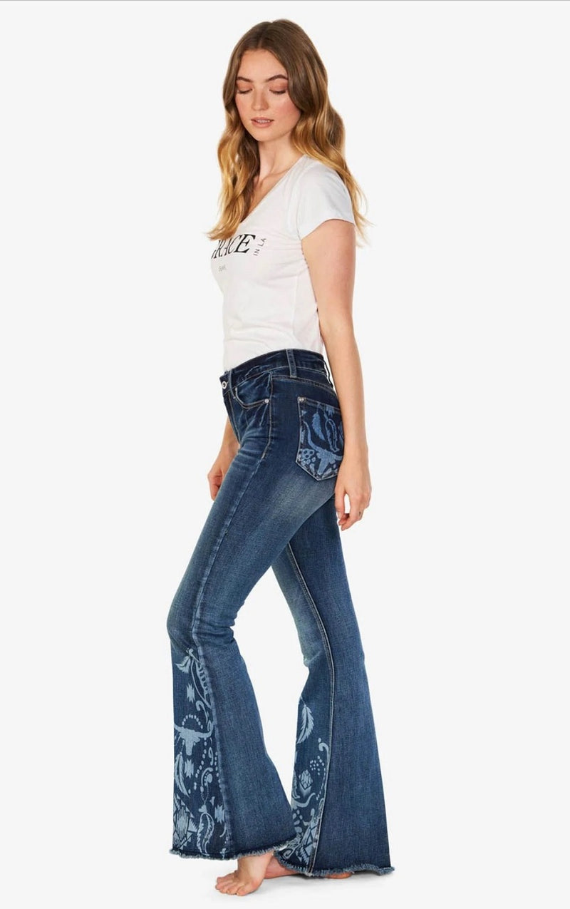 Grace In LA Printed High Rise Flare Jeans