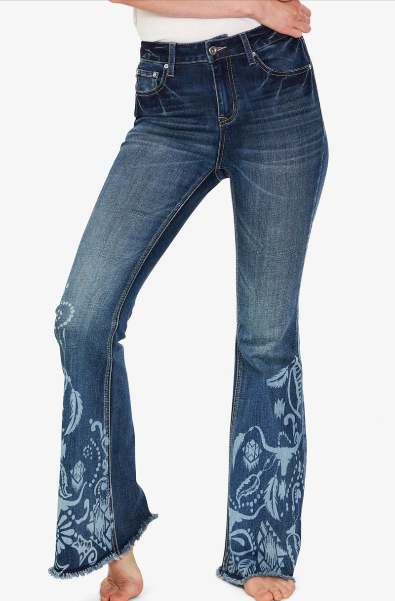 Grace In LA Printed High Rise Flare Jeans