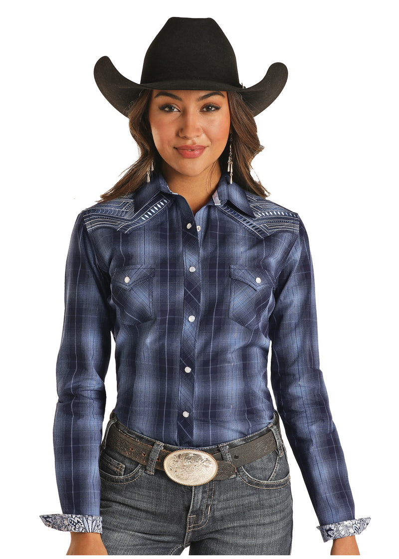 Panhandle Womans Navy Check Shirt With Embroidery