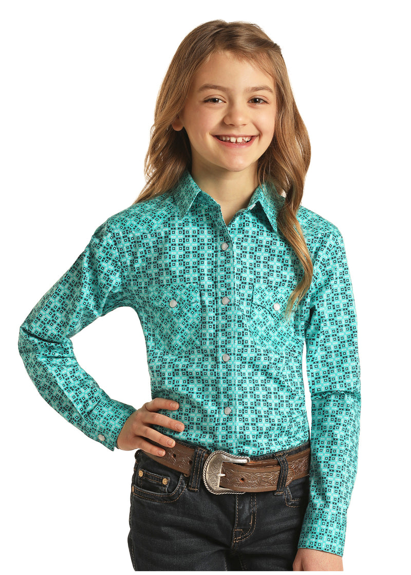 Girls Turquoise Geometric Print Western Shirt
