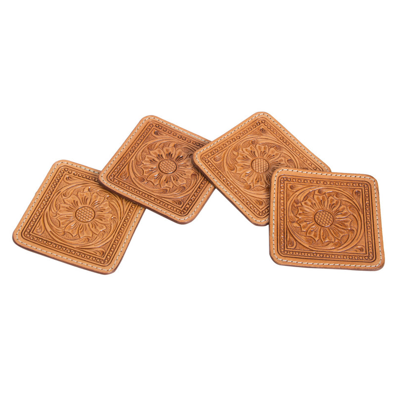 Tooled Leather Coasters 4pc Set Tan