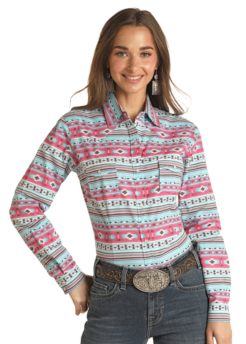 Womens Turquoise & Pink Aztec Western Shirt
