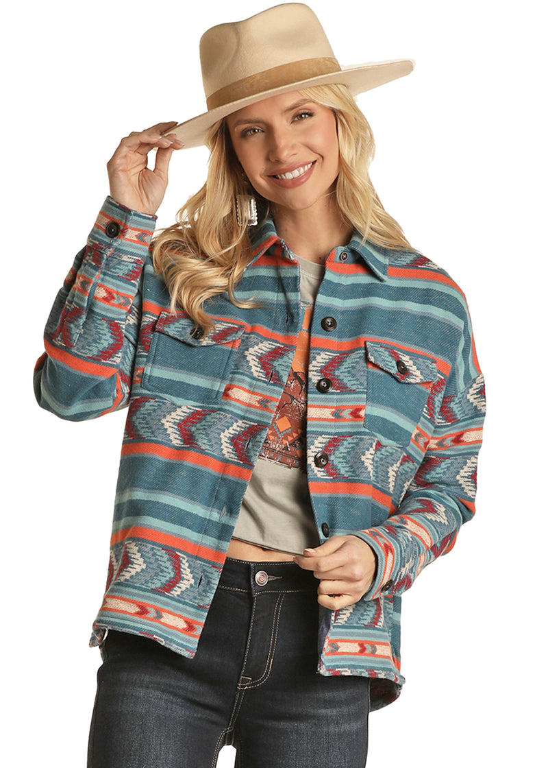 Womens Blue Boxy Fit Shirt Jacket