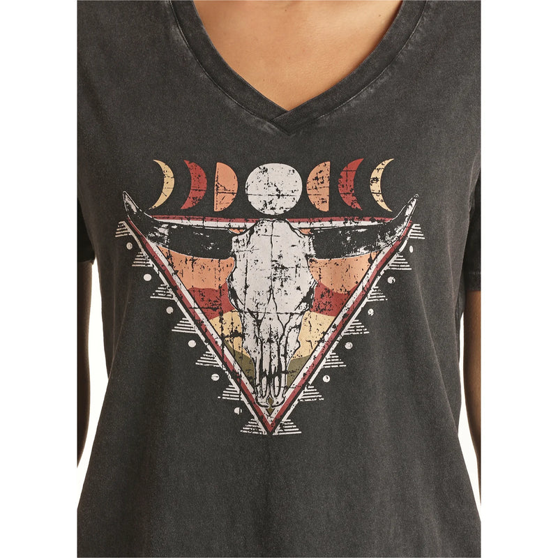 Womens V neck Western Skull Graphic Tee