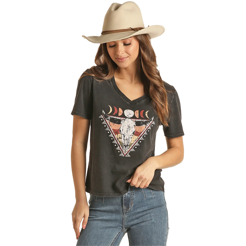 Womens V neck Western Skull Graphic Tee