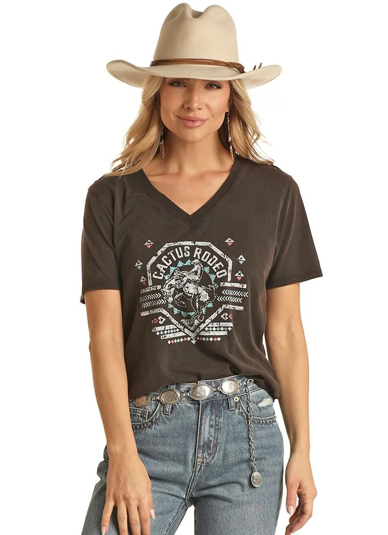 Womens Black Cactus Rodeo V Neck Tee