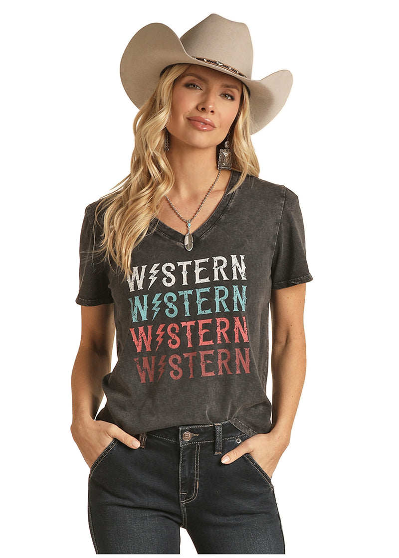 Womens Faded Black Western V Neck Tee