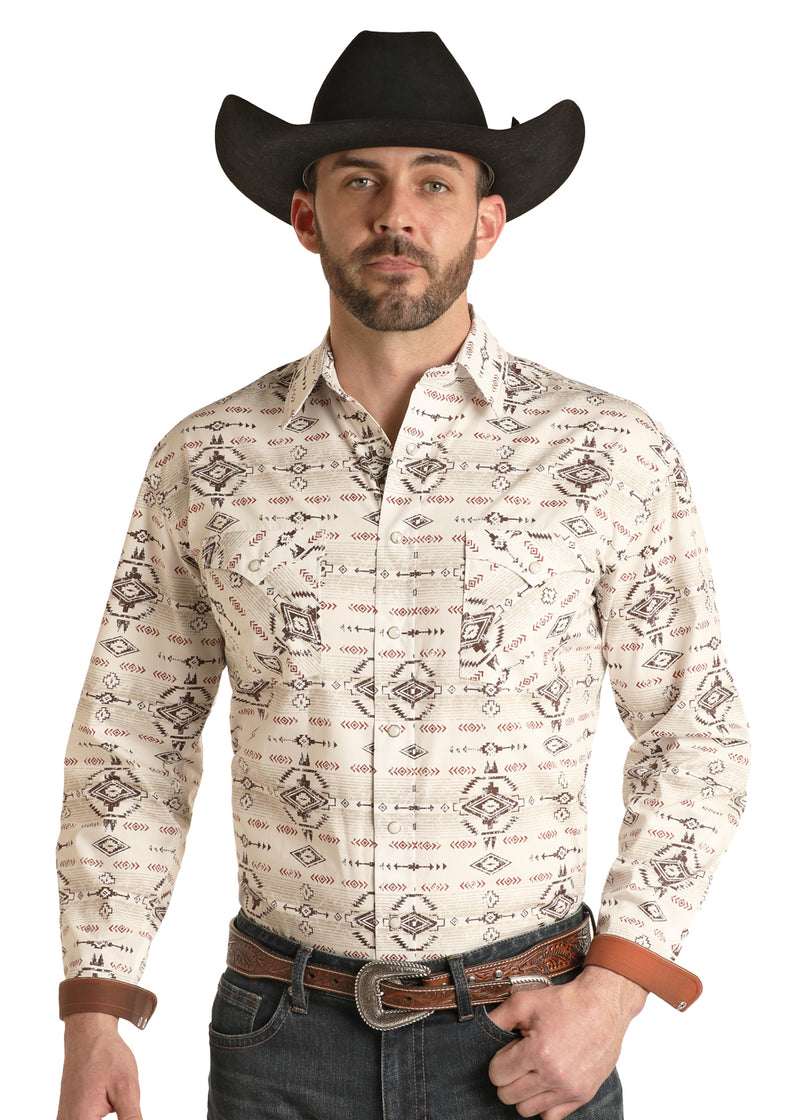 Mens Beige Aztec Snap Button Shirt
