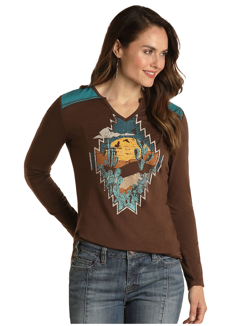 Womens Chocolate Desert Print Long Sleeve V Neck Tee