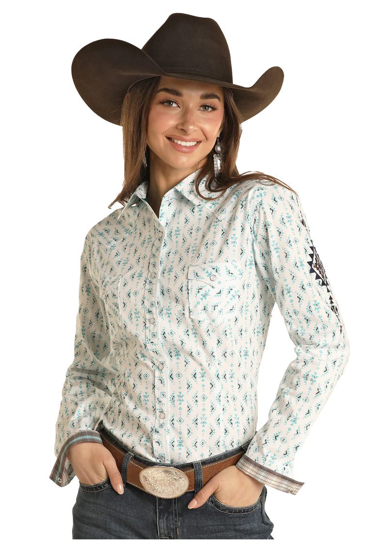 Womens Rough Stock White/Turquoise Western Shirt