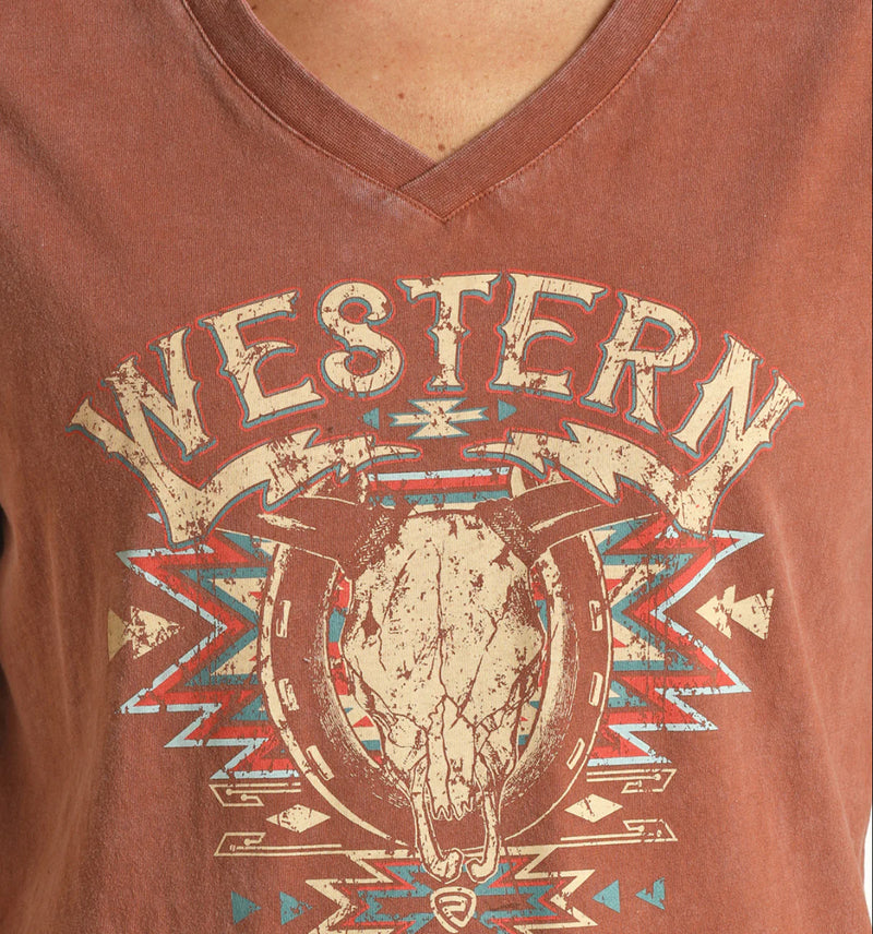 Womens V neck Brown Western Skull Graphic Tee