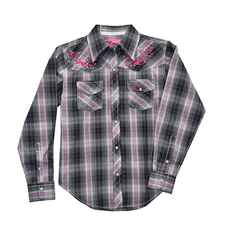 Cowgirl Hardware Girls Blac/Pink Plaid Western Shirt