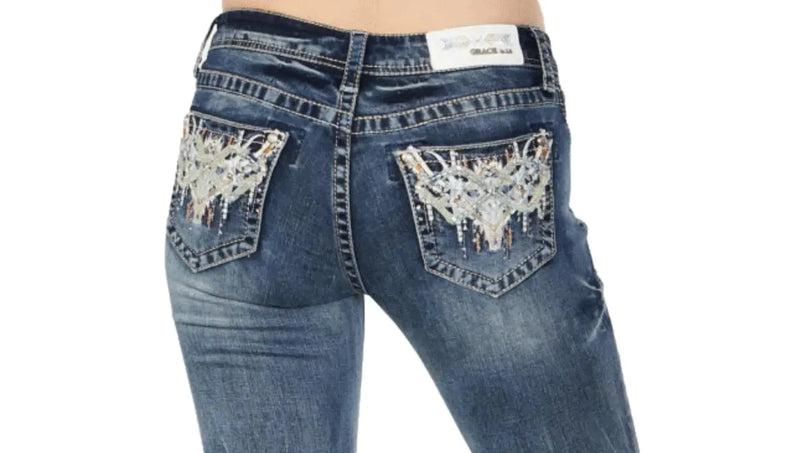 Grace In LA Diamond Skull Pocket Easy Fit Jeans