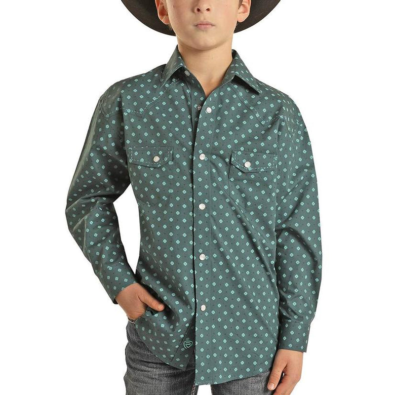 Boys Geometric Print Teal Western Shirt