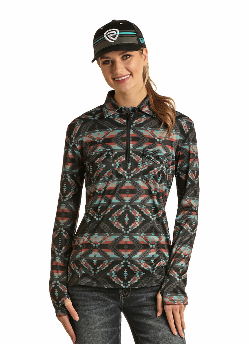 Womans Black Turquoise Aztec Performance Shirt