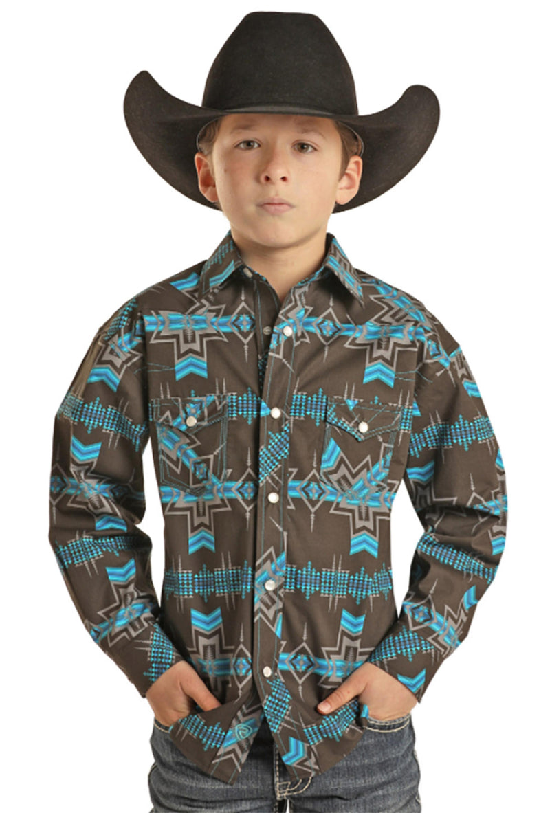 Boys Blue Aztec Snap Western Shirt