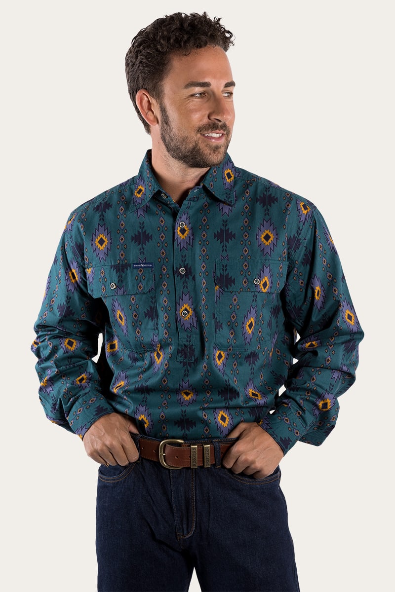 Ringers Western Limited Edition Mens Half Button Work Shirt - Montana Amazon Green