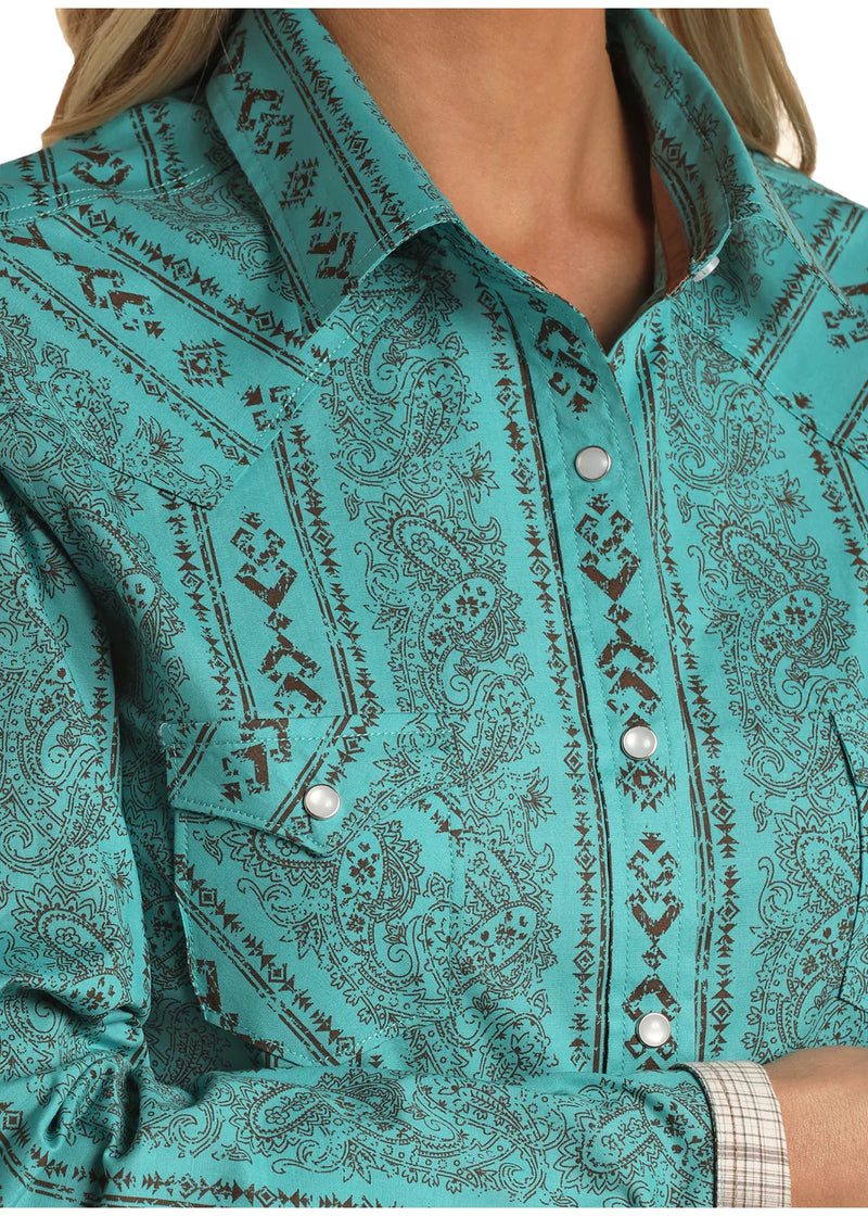 Panhandle Womens Turquoise bandana Print Western Shirt