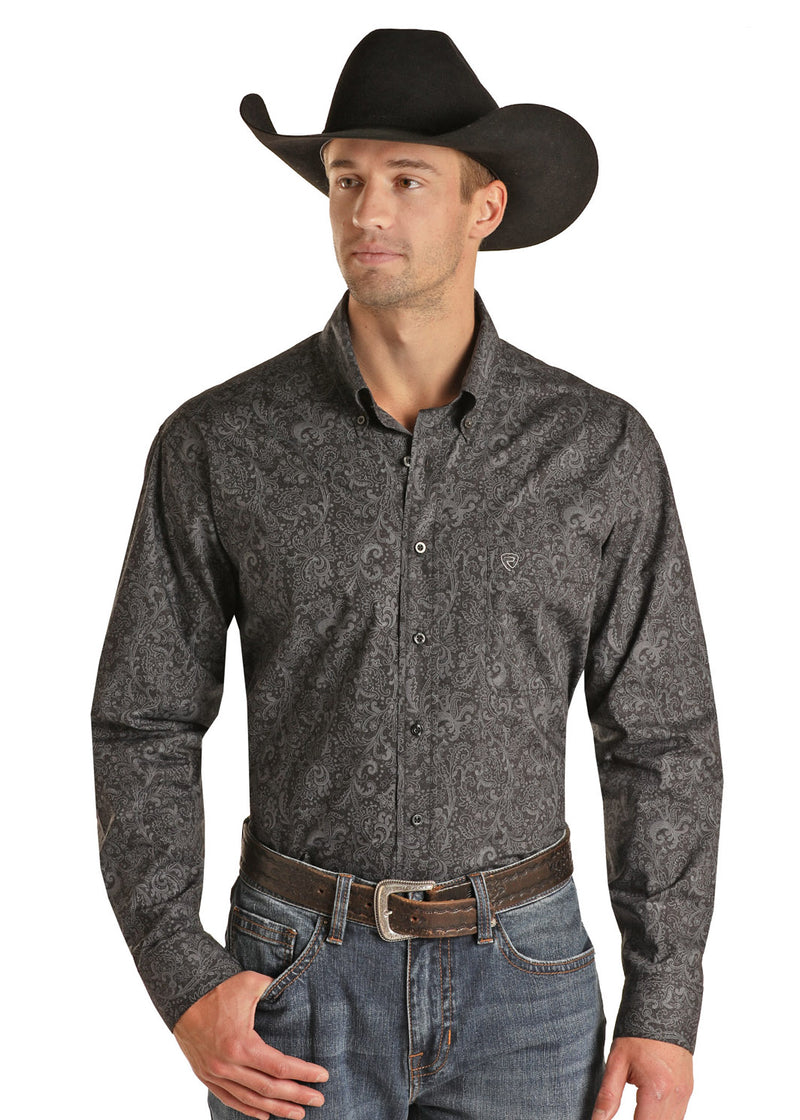Mens Black/Charcoal  Print Button Western Shirt