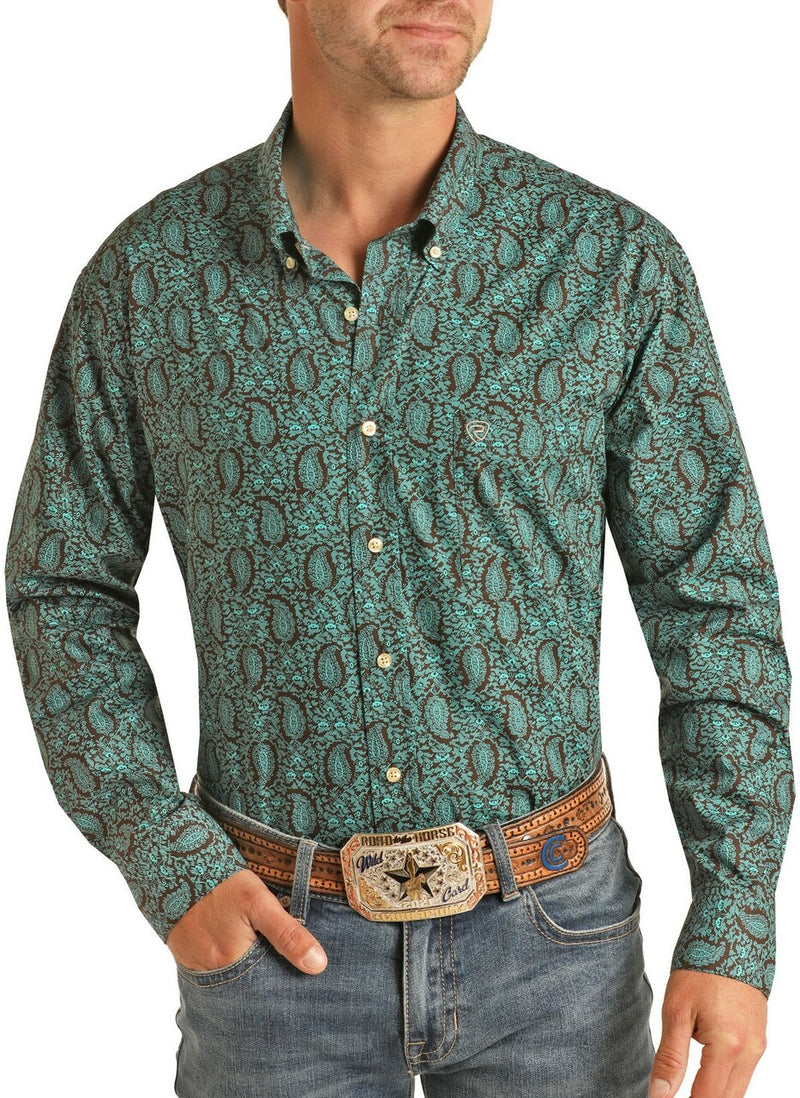 Mens Regular Fit Teal Paisley Western Shirt