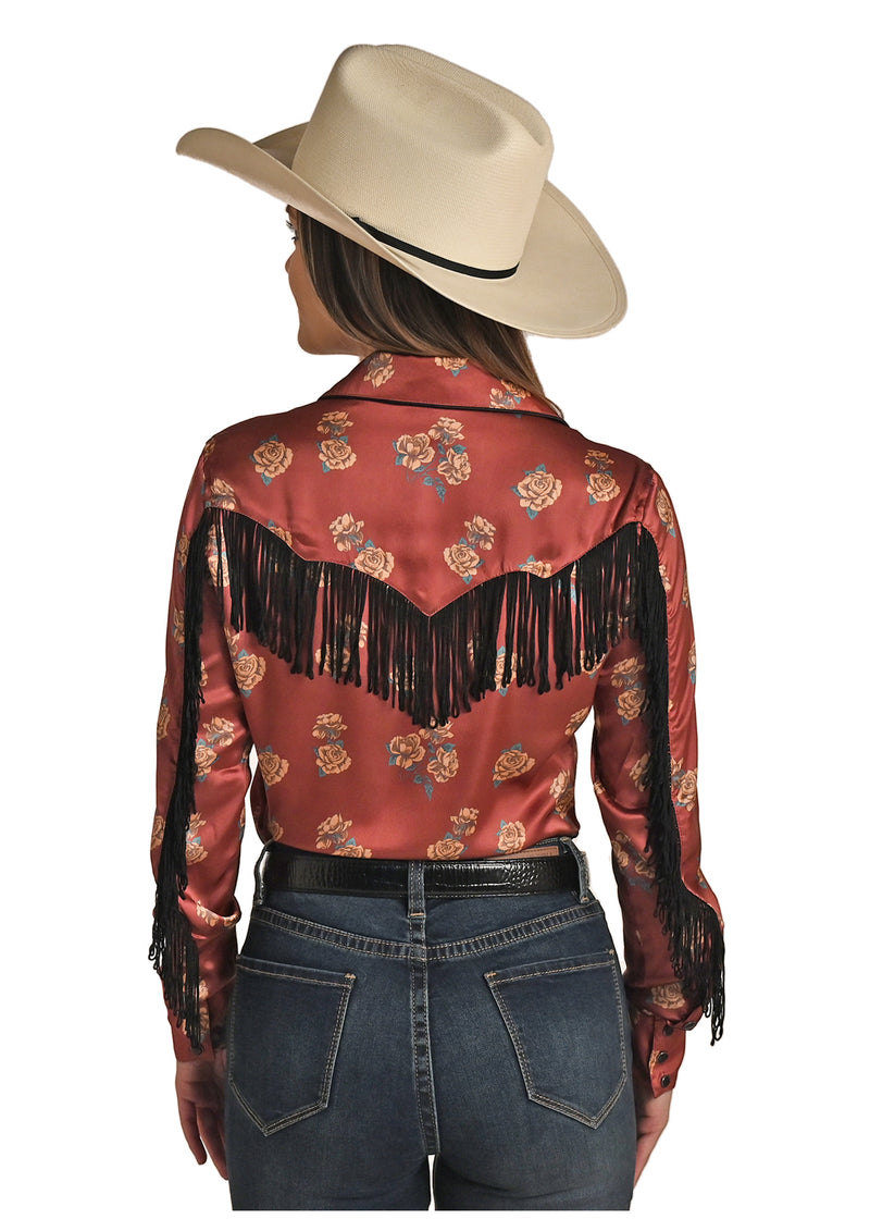 Floral Satin Long sleeved Fringed Womans Shirt