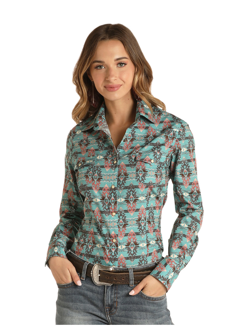 Womans Aqua Aztec Print Long Sleeve Shirt