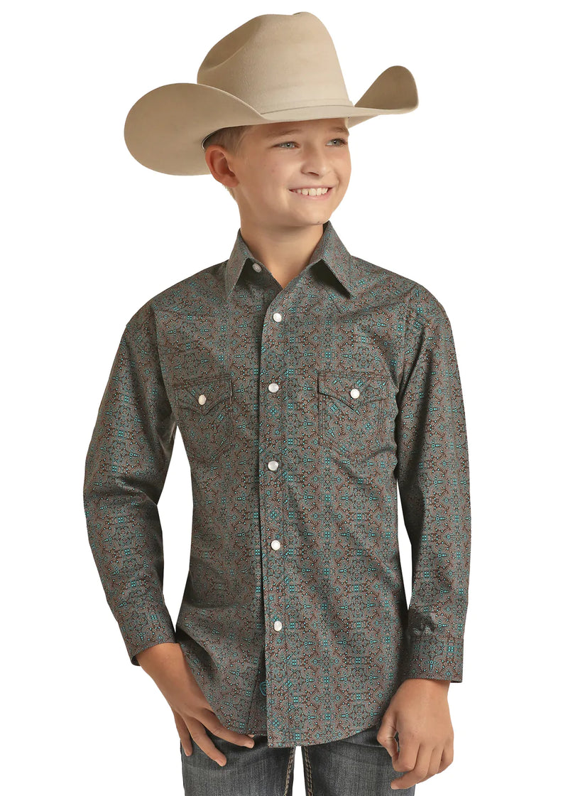 Boys Charcoal and Aqua Printed Western Shirt