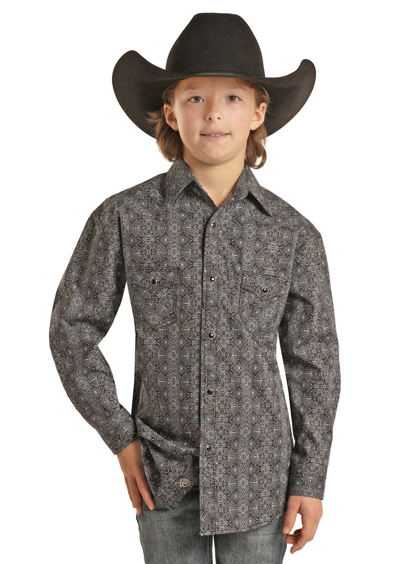 Boys Blue/Grey Medallion Print Western Shirt