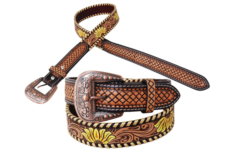 Womans Tooled Yellow Sunflower Western Belt