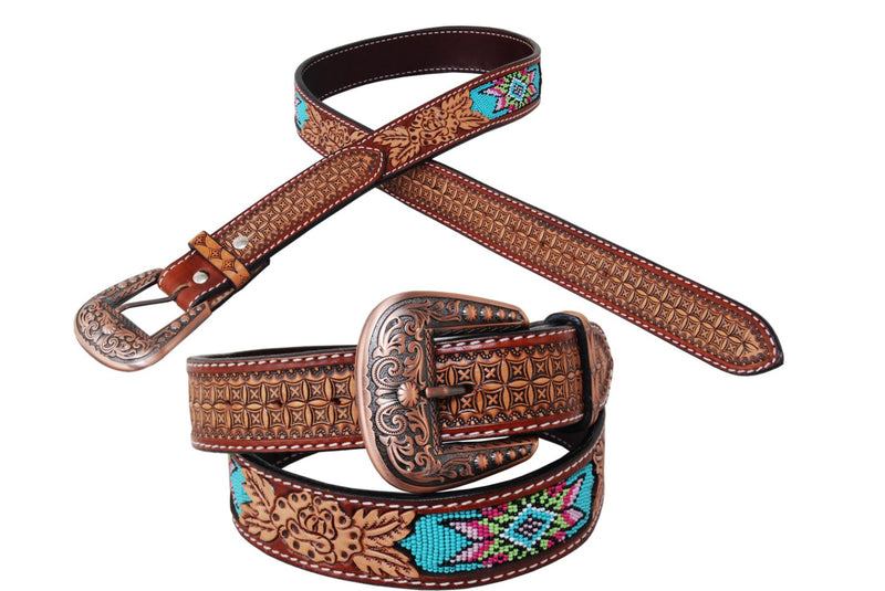 Womans Tooled Beaded Western Belt