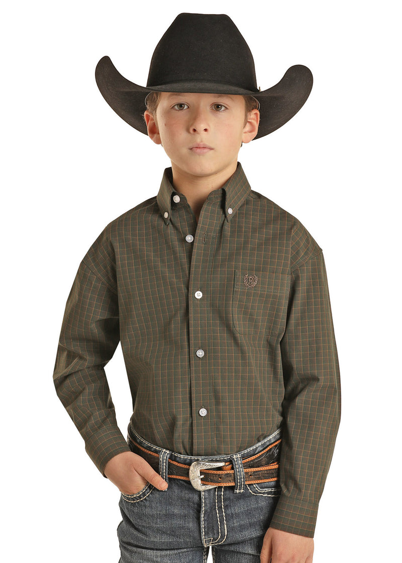 Boys Olive Check Western Shirt