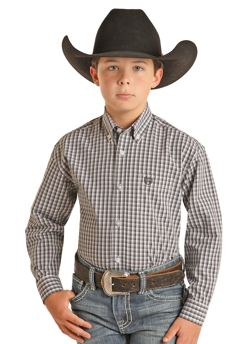 Boys Charcoal Check Button Western Shirt