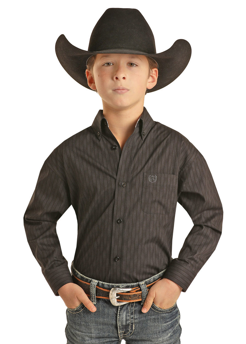 Boys Black Charcoal Printed Stripe Western Shirt
