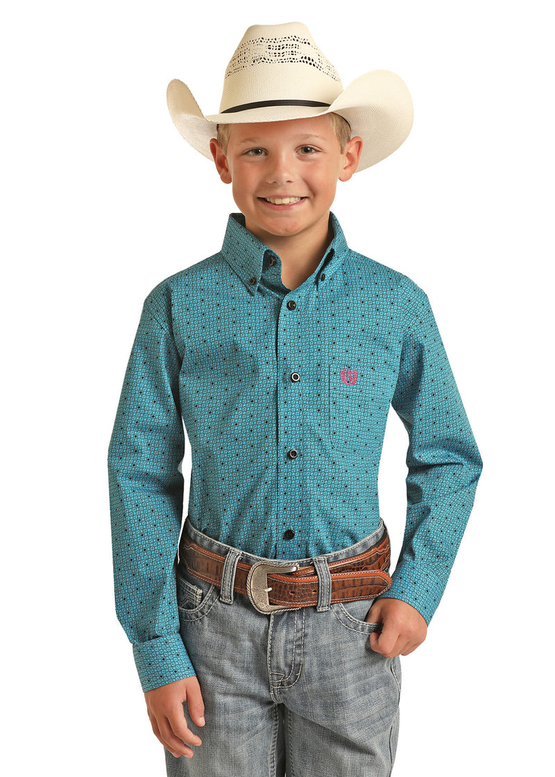 Boys Bright Turquoise Poplin Print Western Shirt