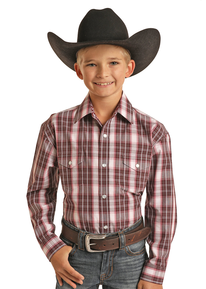 Boys Maroon Plaid Snap Button Western Shirt
