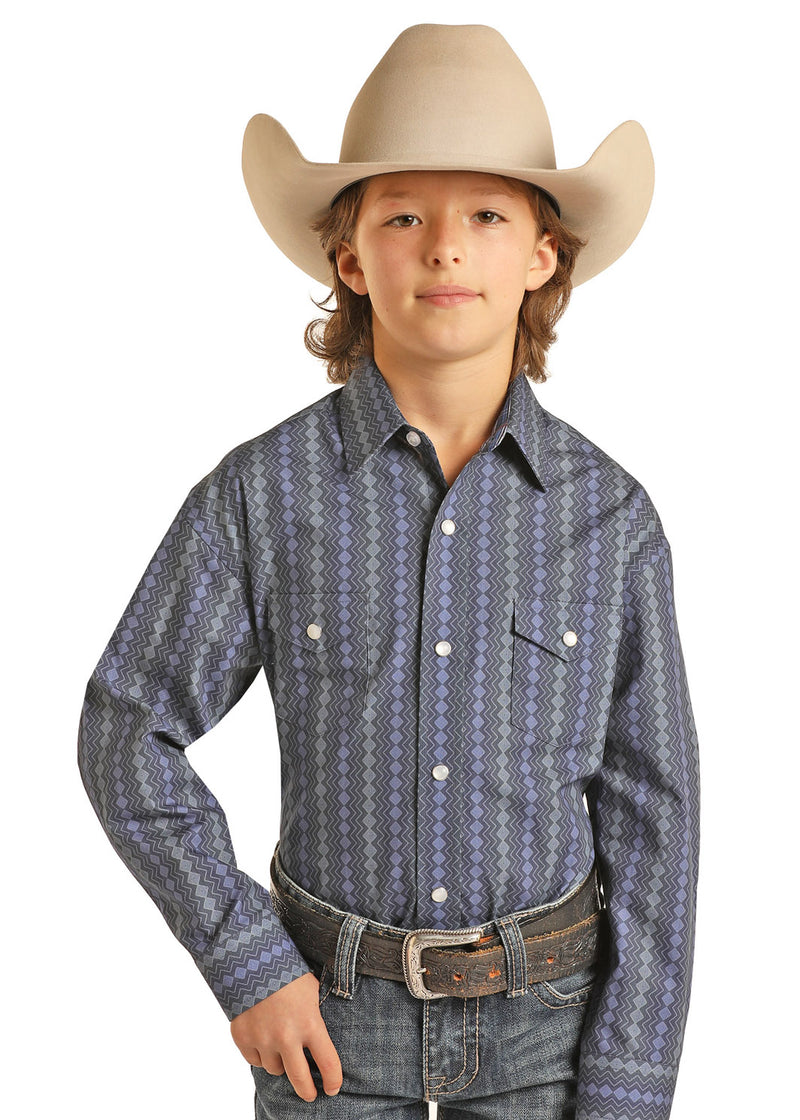 Boys Navy Print Snap Button Western Shirt