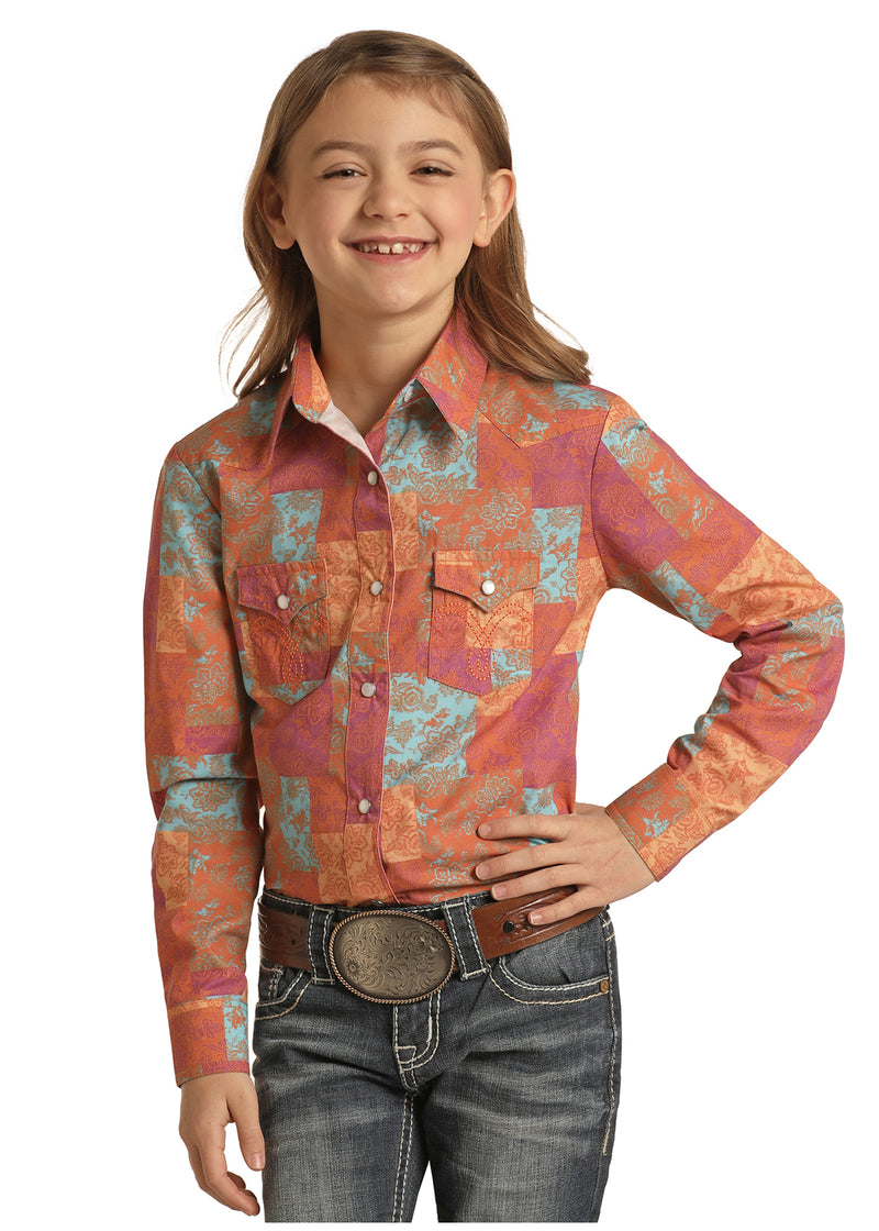 Girls Floral Orange Patchwork Western Shirt