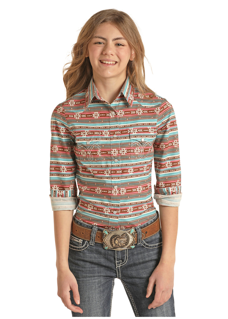 Girls Stripe Aztec Snap Western Shirt