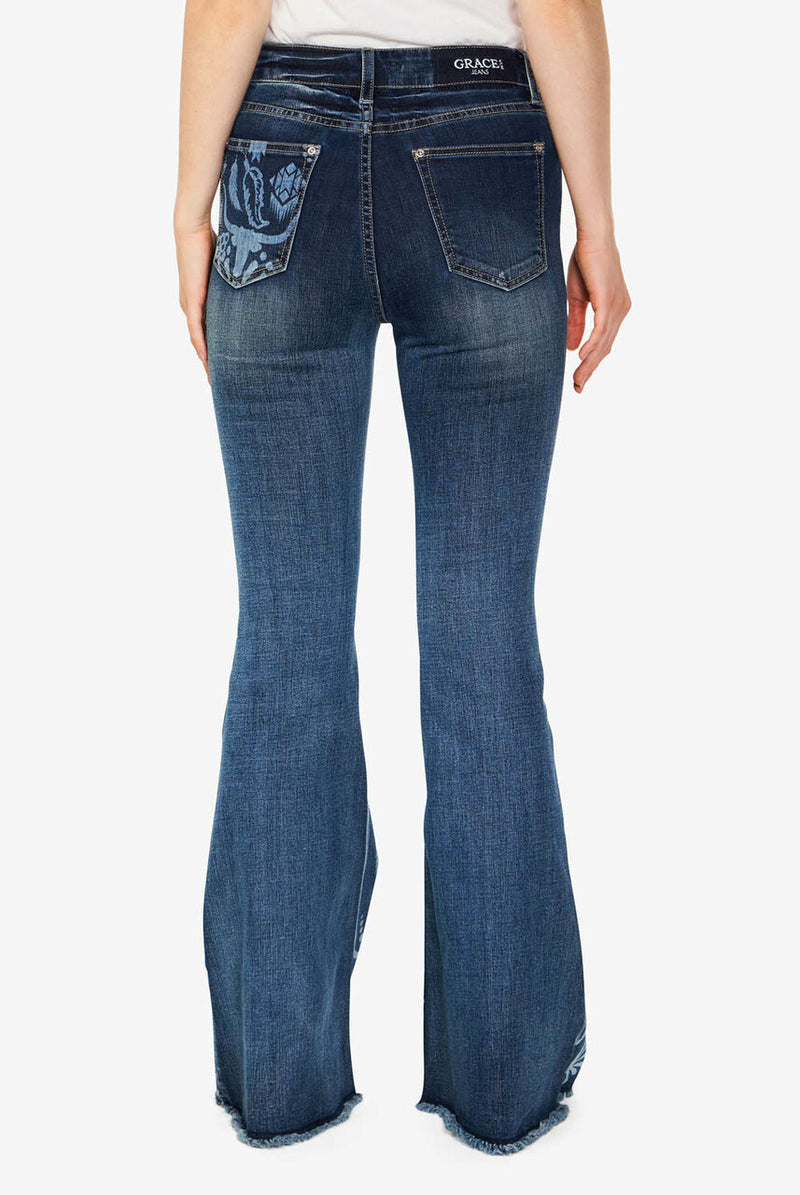 Grace In LA Printed High Rise Flare Jeans