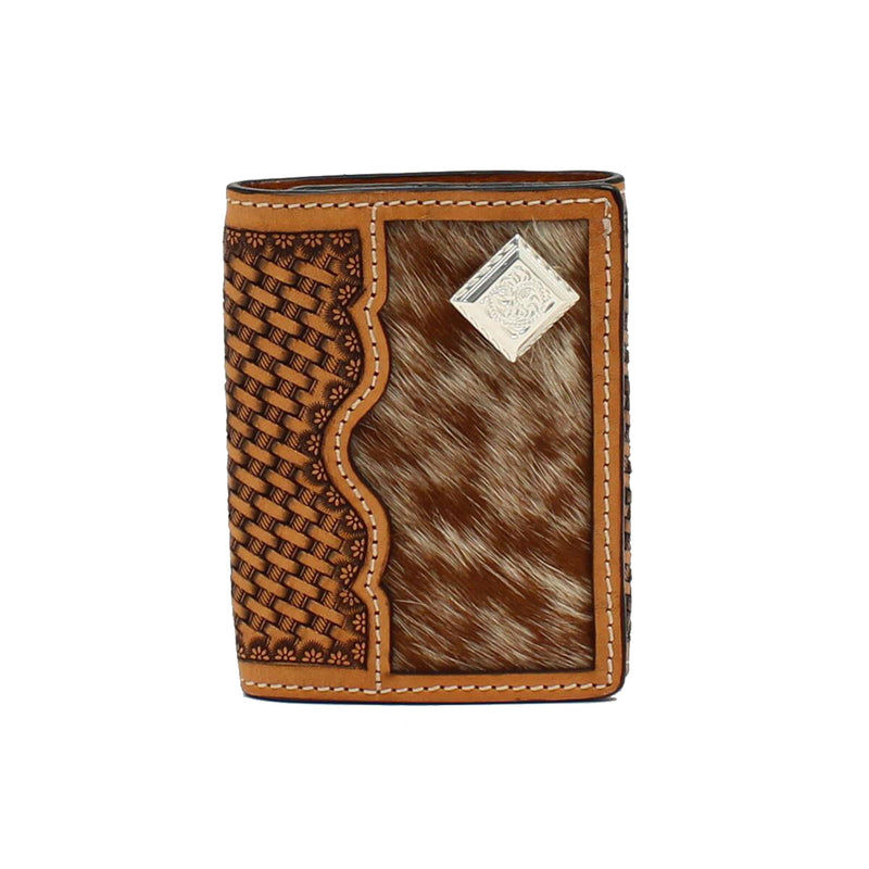 Hand Tooled Hair Hide Trifold Wallet