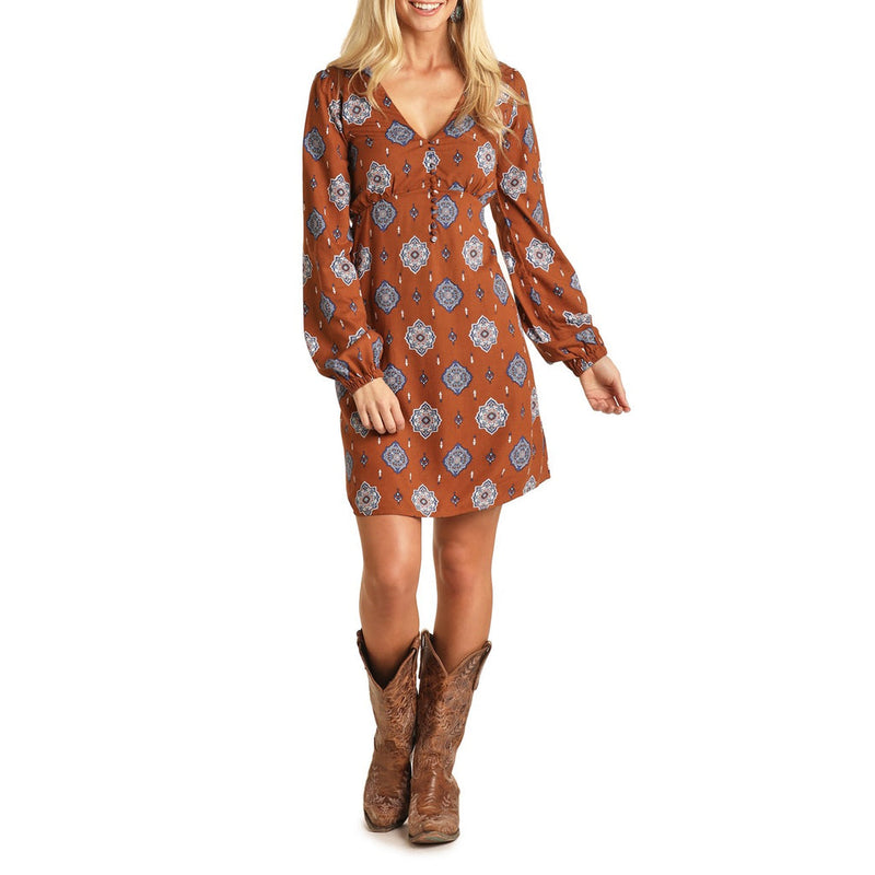 Long Sleeve Medallion Print Womans Dress