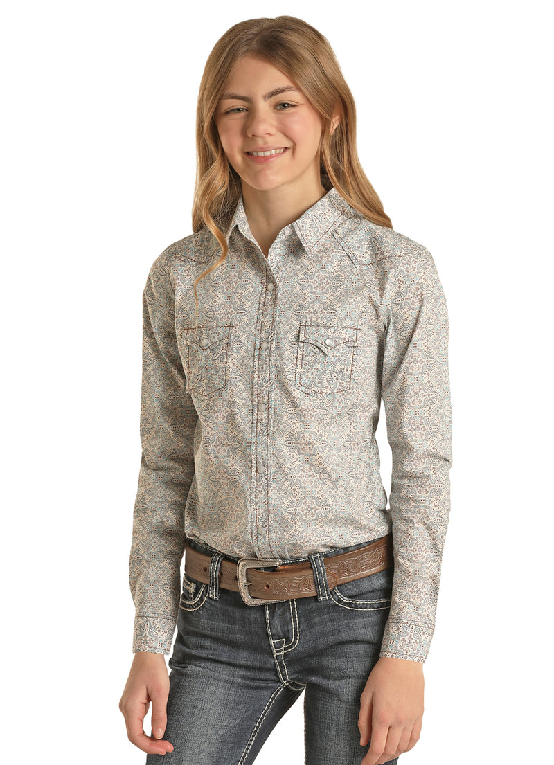 Girls Teal Aztec Print Snap Western Shirt