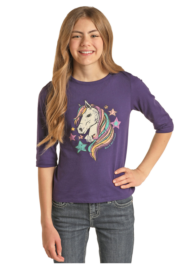 Girls Purple Horse 3/4 sleeve top