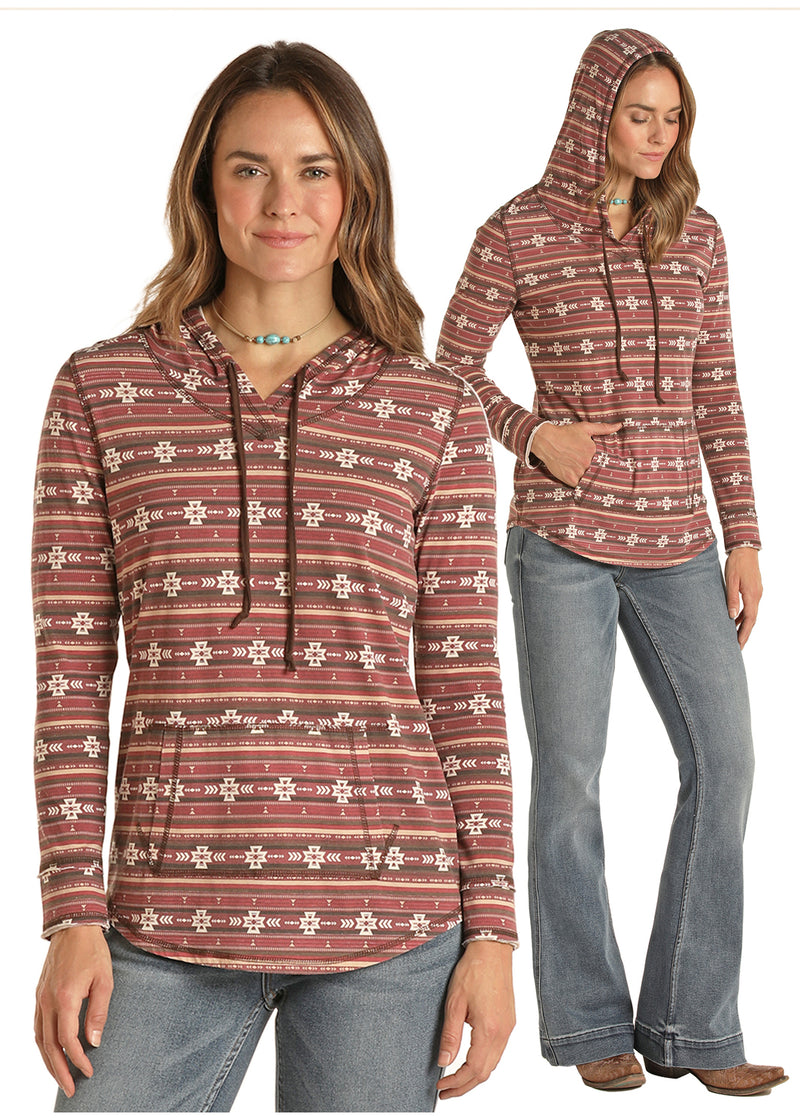 Womens Aztec Lightweight Burgundy Hooded Shirt