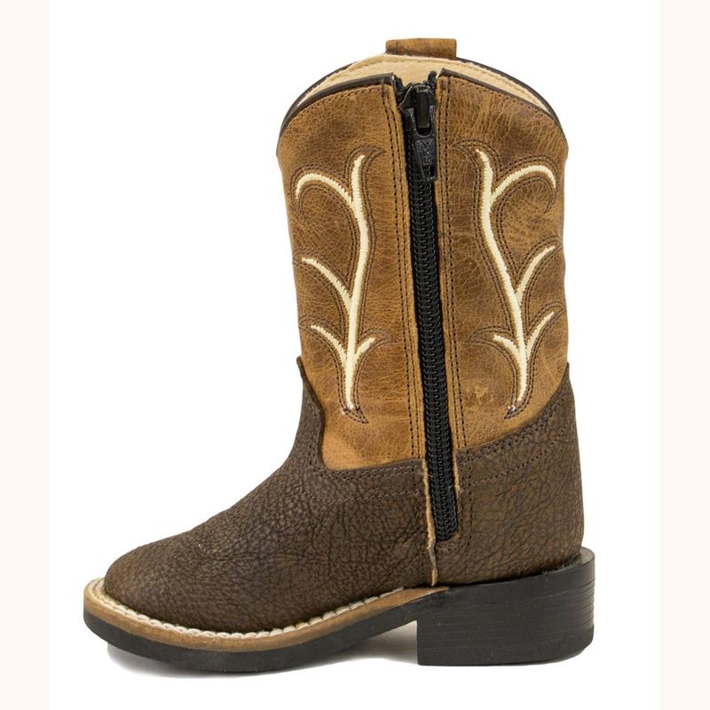 Old West Toddler Brown & Tan Zipper Square Toe Boots