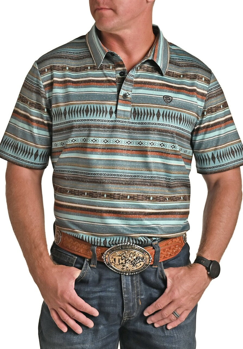 Mens Aquamarine Striped Performance Polo