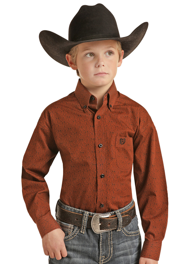 Boys Printed Rust Western Shirt