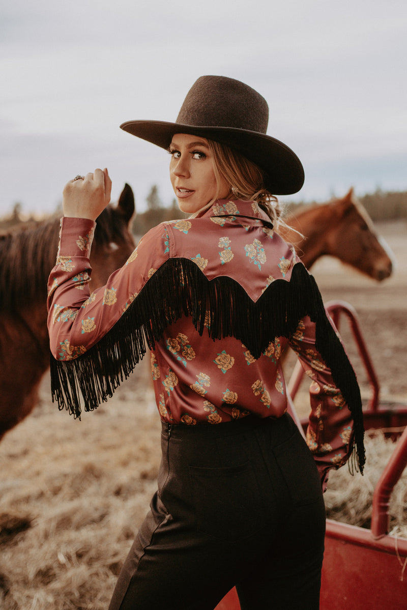 Floral Satin Long sleeved Fringed Womans Shirt